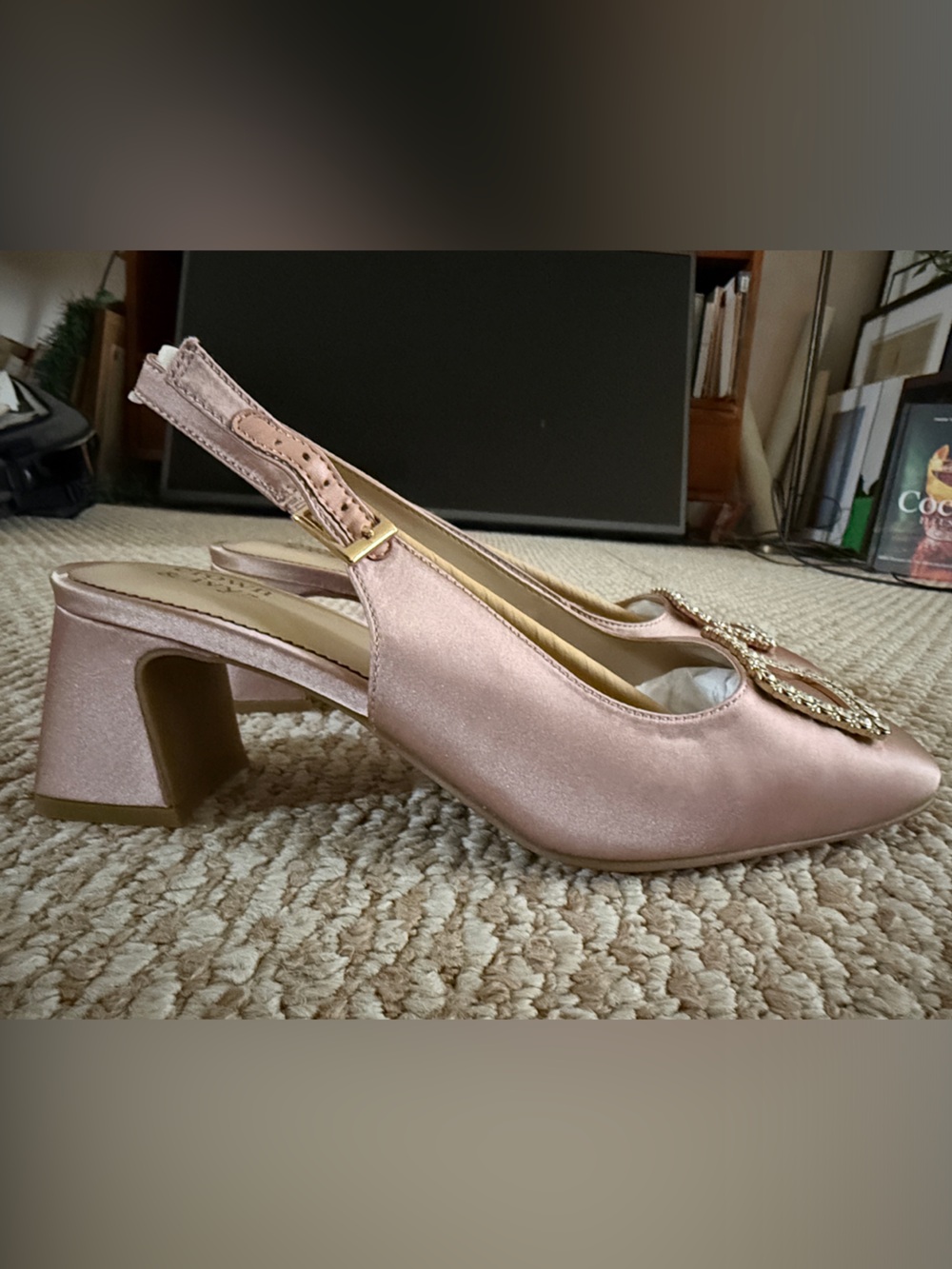 Crown & Ivy Pink Satin Crystal-Buckle Slingback Heels - Picture 3 of 7
